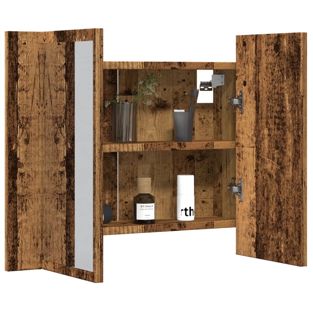 antik fa színű szerelt fa tükörszekrény LED-del 60x12x45cm