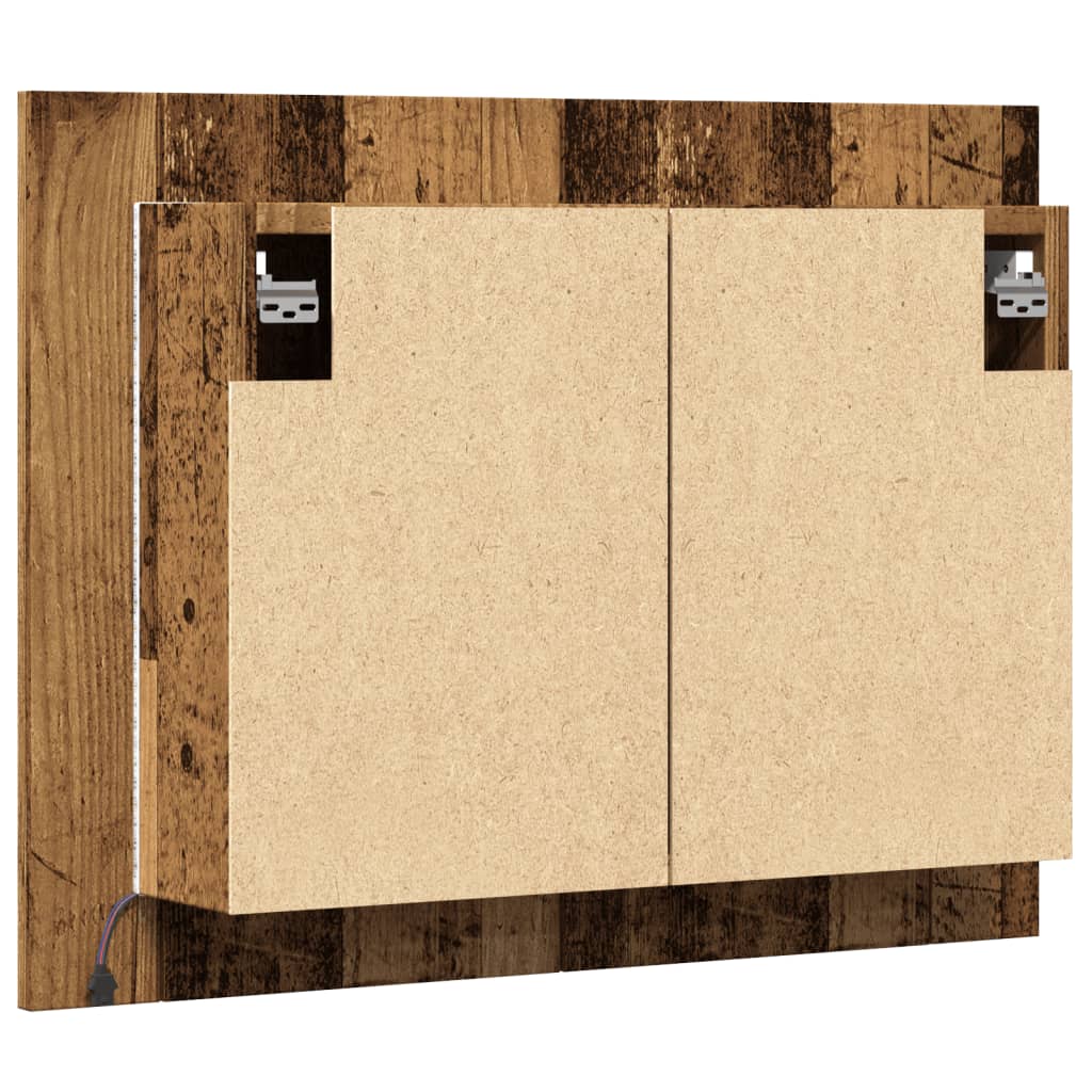 antik fa színű szerelt fa tükörszekrény LED-del 60x12x45cm