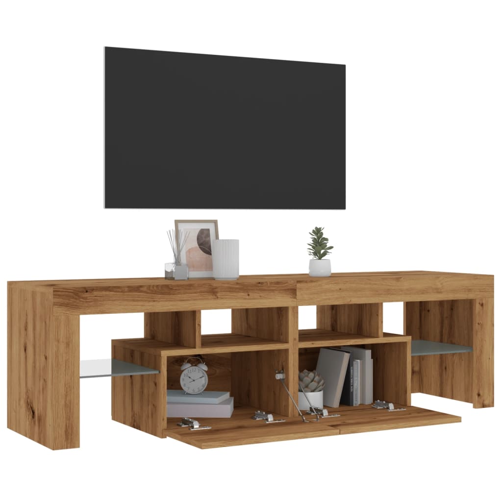 kézműves tölgy szerelt fa TV-szekrény LED-ekkel 140x36,5x40 cm