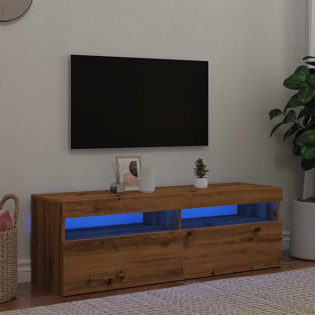 kézműves tölgy szerelt fa TV-szekrény LED-ekkel 120x35x40 cm
