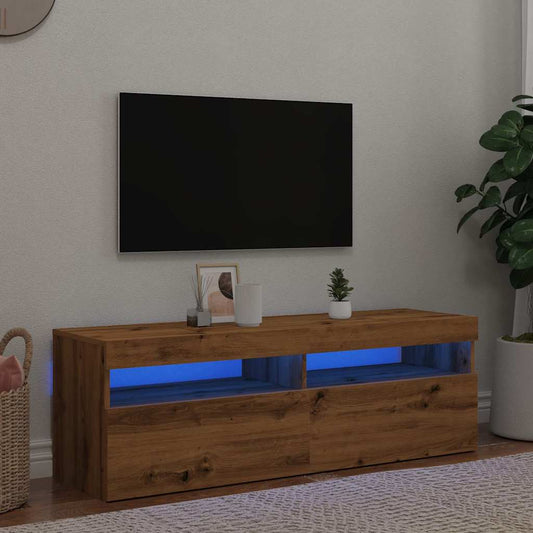 kézműves tölgy szerelt fa TV-szekrény LED-ekkel 120x35x40 cm