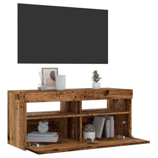 antik fa színű szerelt fa TV-szekrény LED-ekkel 90x35x40 cm