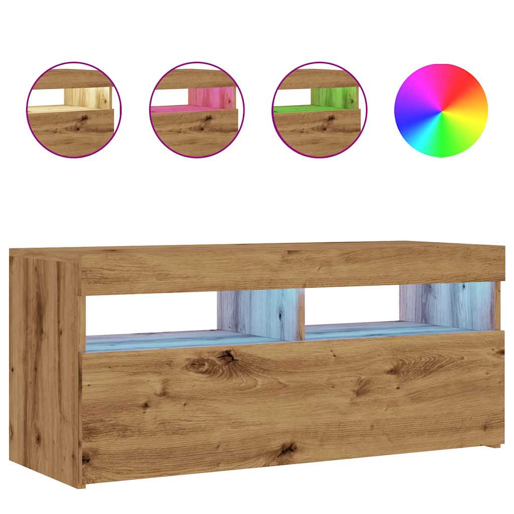 kézműves tölgy szerelt fa TV-szekrény LED-ekkel 90x35x40 cm
