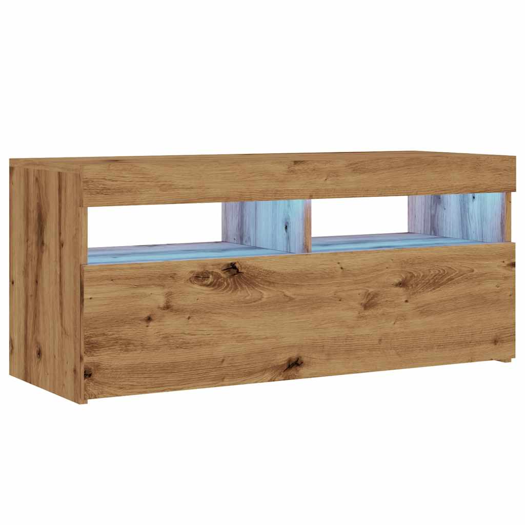 kézműves tölgy szerelt fa TV-szekrény LED-ekkel 90x35x40 cm
