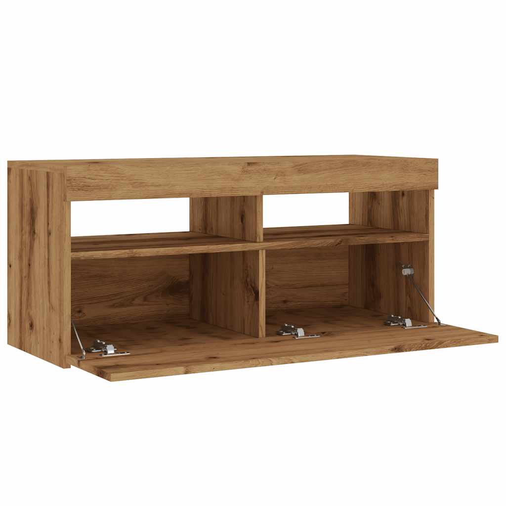 kézműves tölgy szerelt fa TV-szekrény LED-ekkel 90x35x40 cm