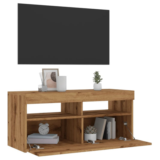 kézműves tölgy szerelt fa TV-szekrény LED-ekkel 90x35x40 cm