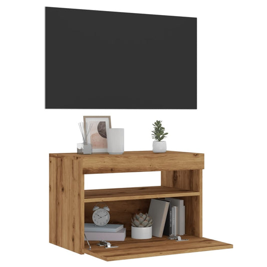 kézműves tölgy szerelt fa TV-szekrény LED-ekkel 60x35x40 cm