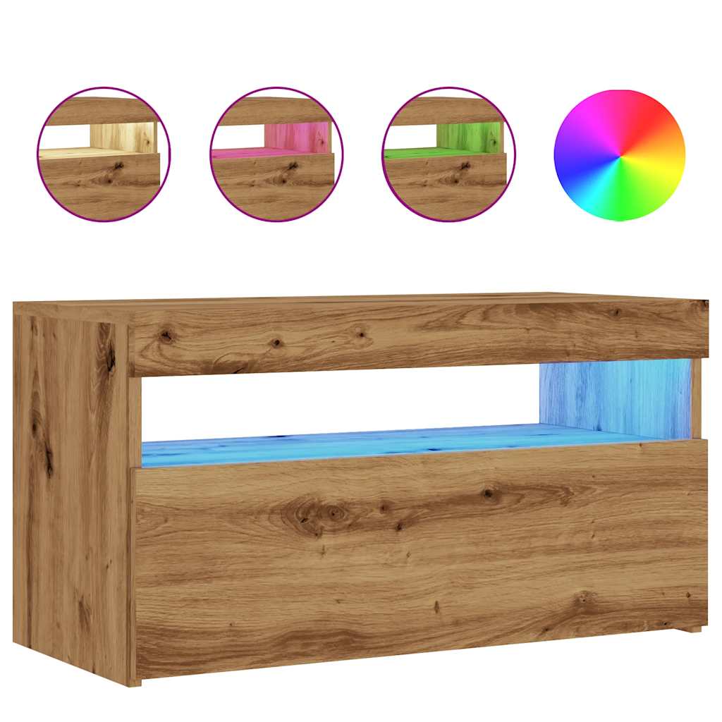 kézműves tölgy szerelt fa TV-szekrény LED-ekkel 75x35x40 cm
