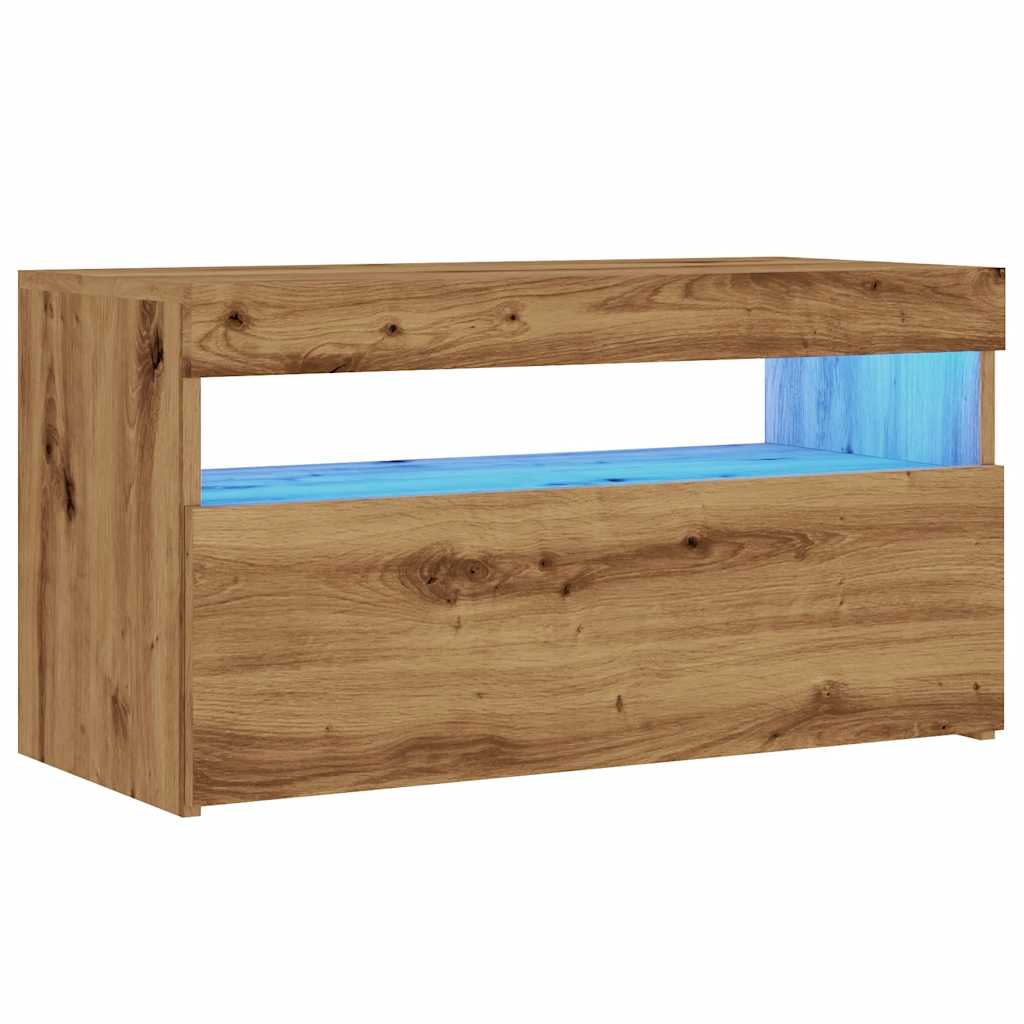 kézműves tölgy szerelt fa TV-szekrény LED-ekkel 75x35x40 cm