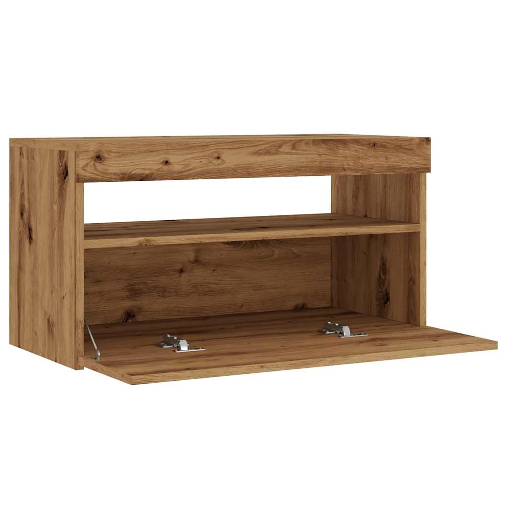 kézműves tölgy szerelt fa TV-szekrény LED-ekkel 75x35x40 cm