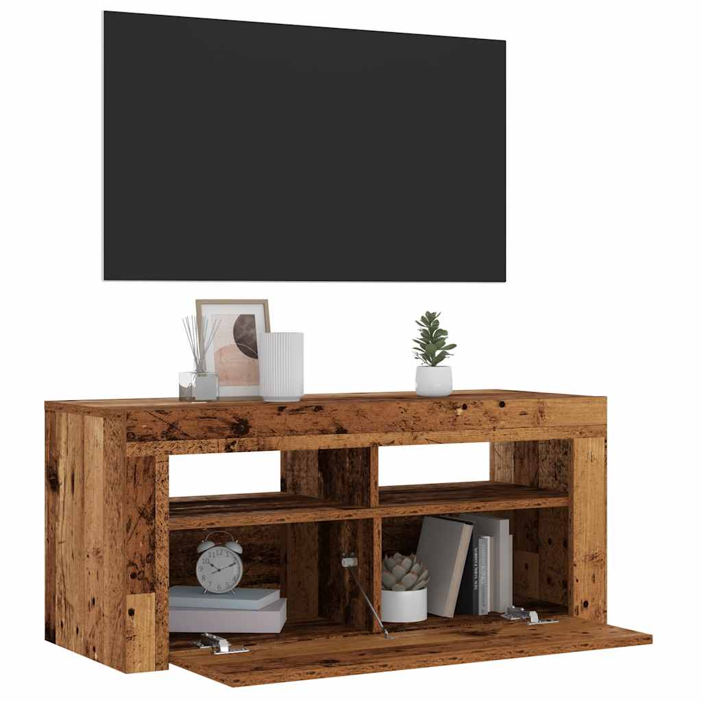 antik fa színű szerelt fa TV-szekrény LED-ekkel 90x35x40 cm