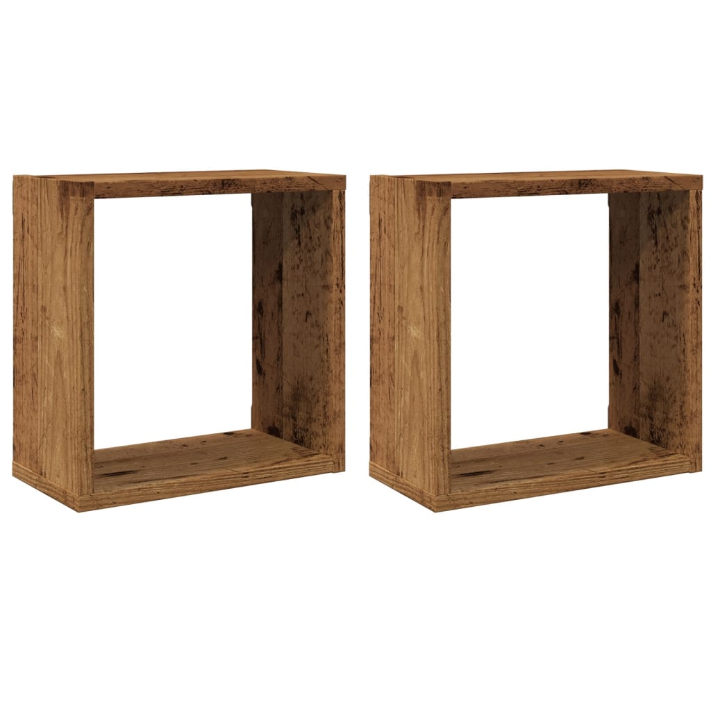 2 db antik fa színű szerelt fa fali kockapolc 30x15x30 cm