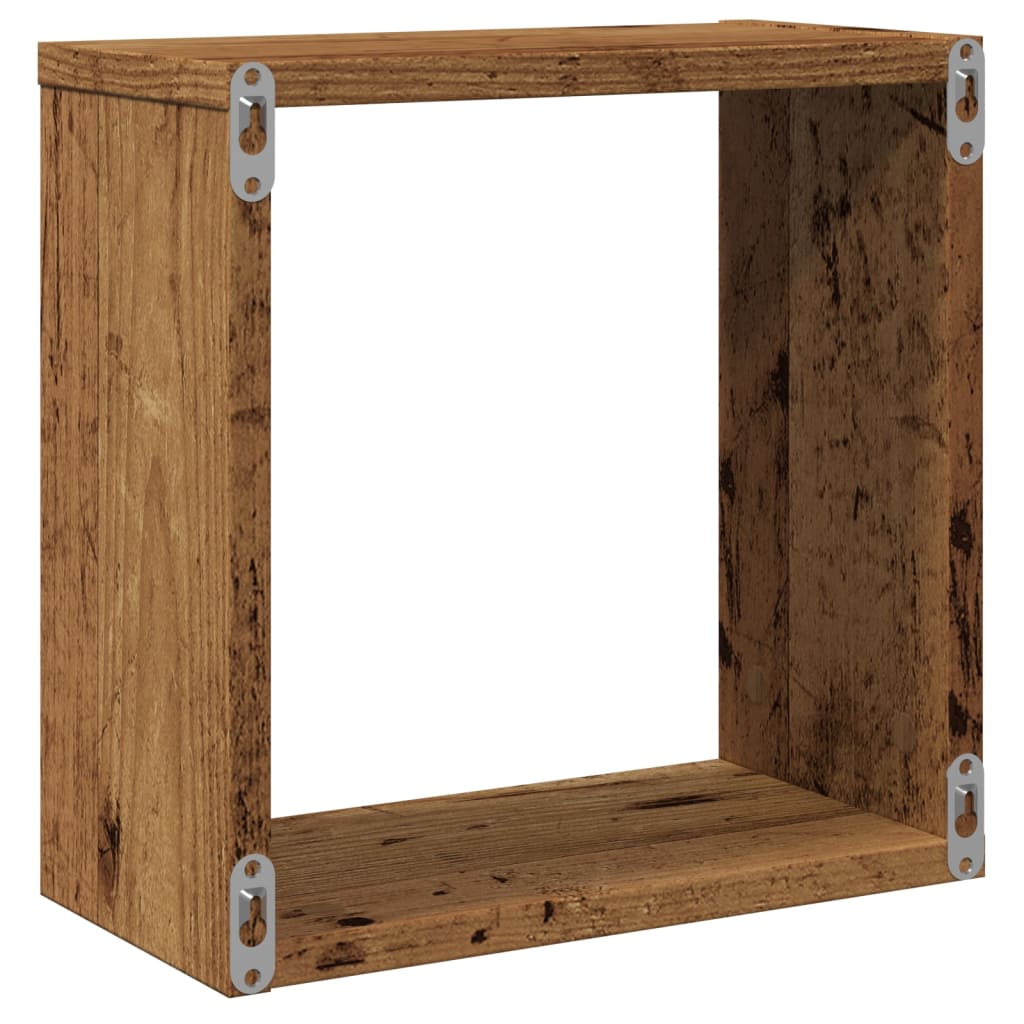 2 db antik fa színű szerelt fa fali kockapolc 30x15x30 cm