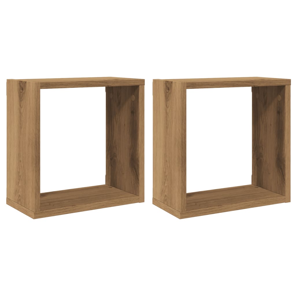 2 db kézműves tölgyszínű szerelt fa fali kockapolc 30x15x30 cm