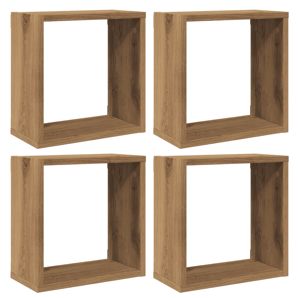 4 db kézműves tölgyszínű szerelt fa fali kockapolc 30x15x30 cm