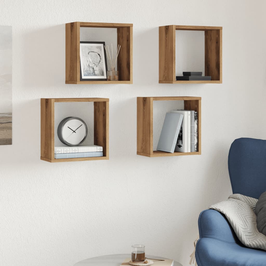 4 db kézműves tölgyszínű szerelt fa fali kockapolc 30x15x30 cm