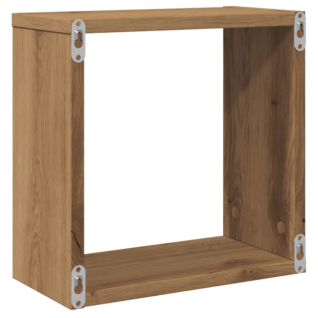 4 db kézműves tölgyszínű szerelt fa fali kockapolc 30x15x30 cm