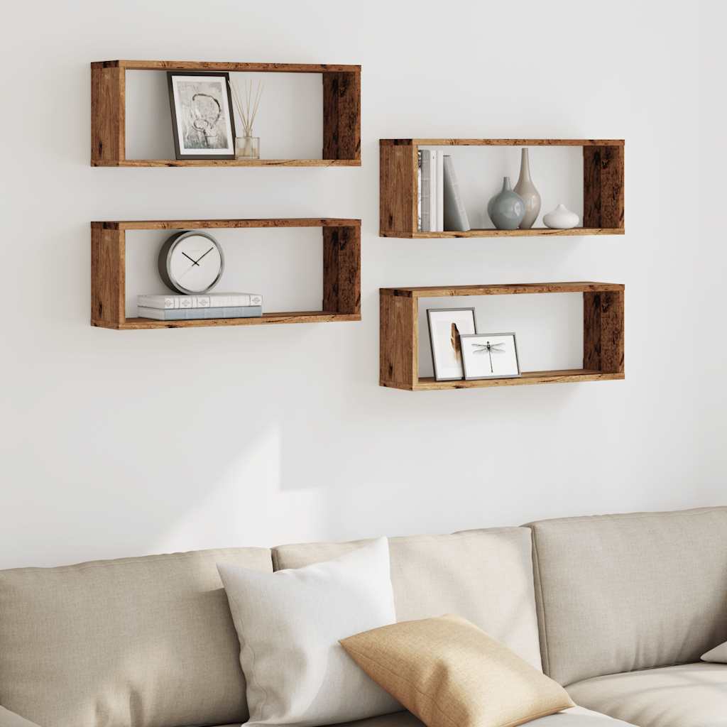 4 db antik fa színű szerelt fa fali kockapolc 60 x 15 x 23 cm