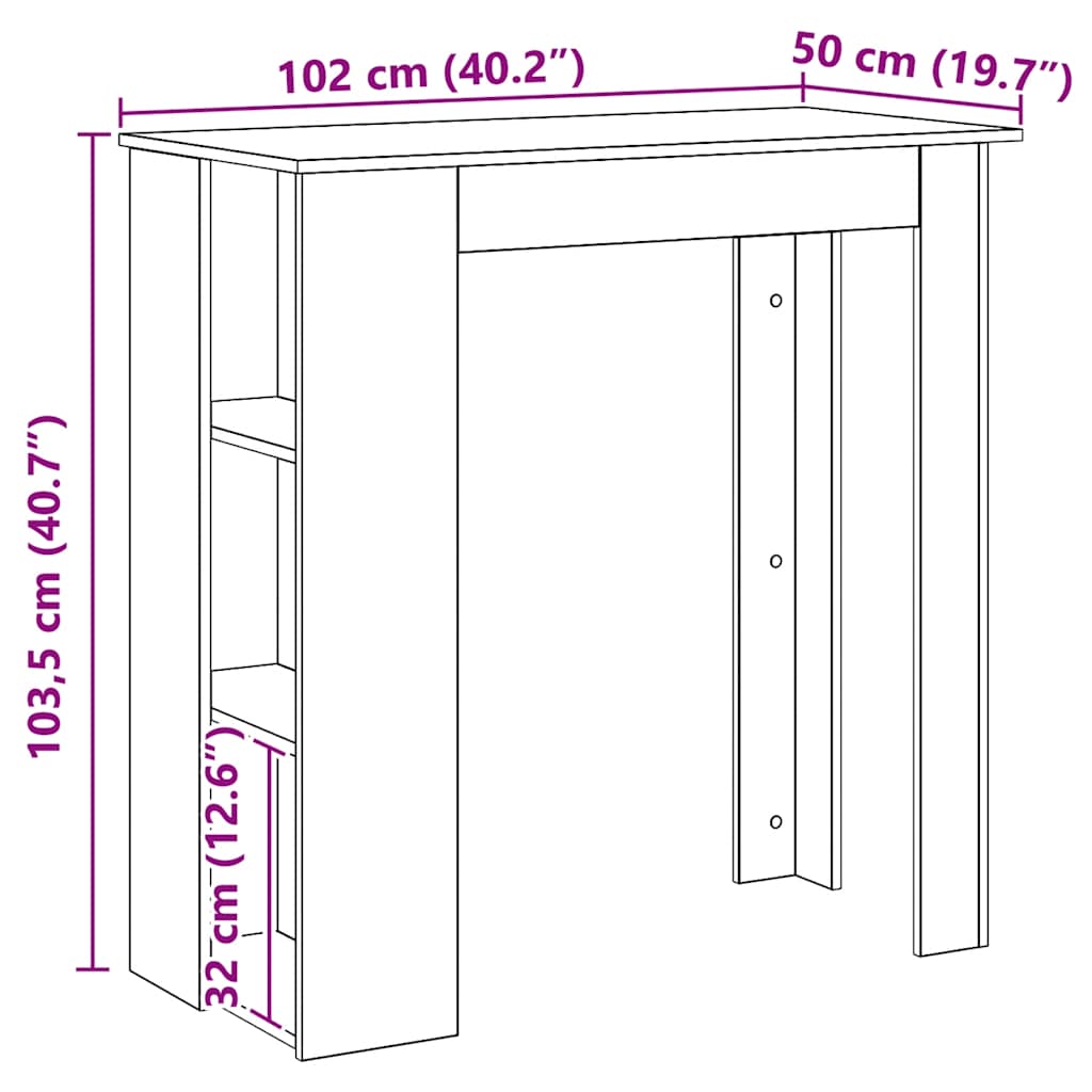 kézműves tölgy szerelt fa bárasztal polccal 102x50x103,5 cm