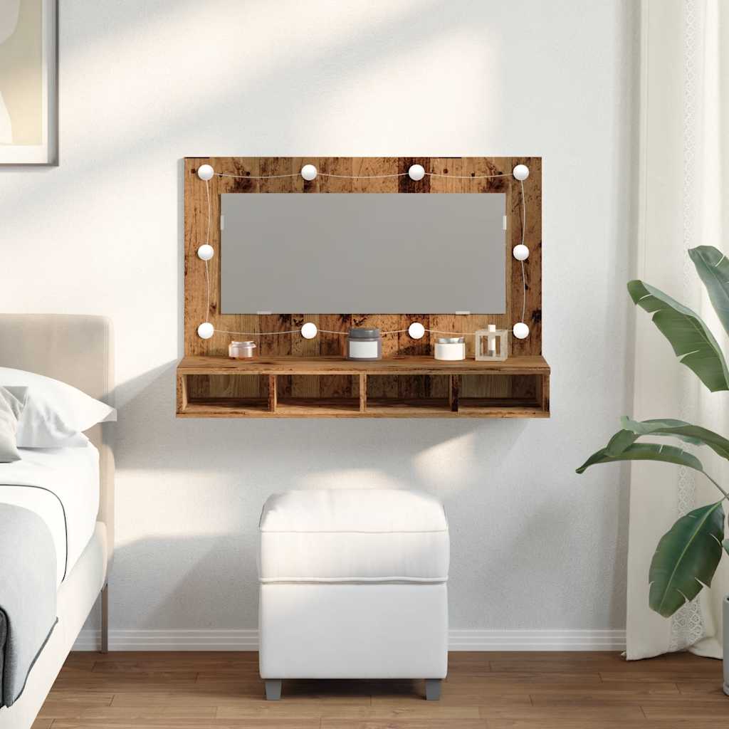 antik fa tükrös szekrény LED-ekkel 90x31,5x62 cm