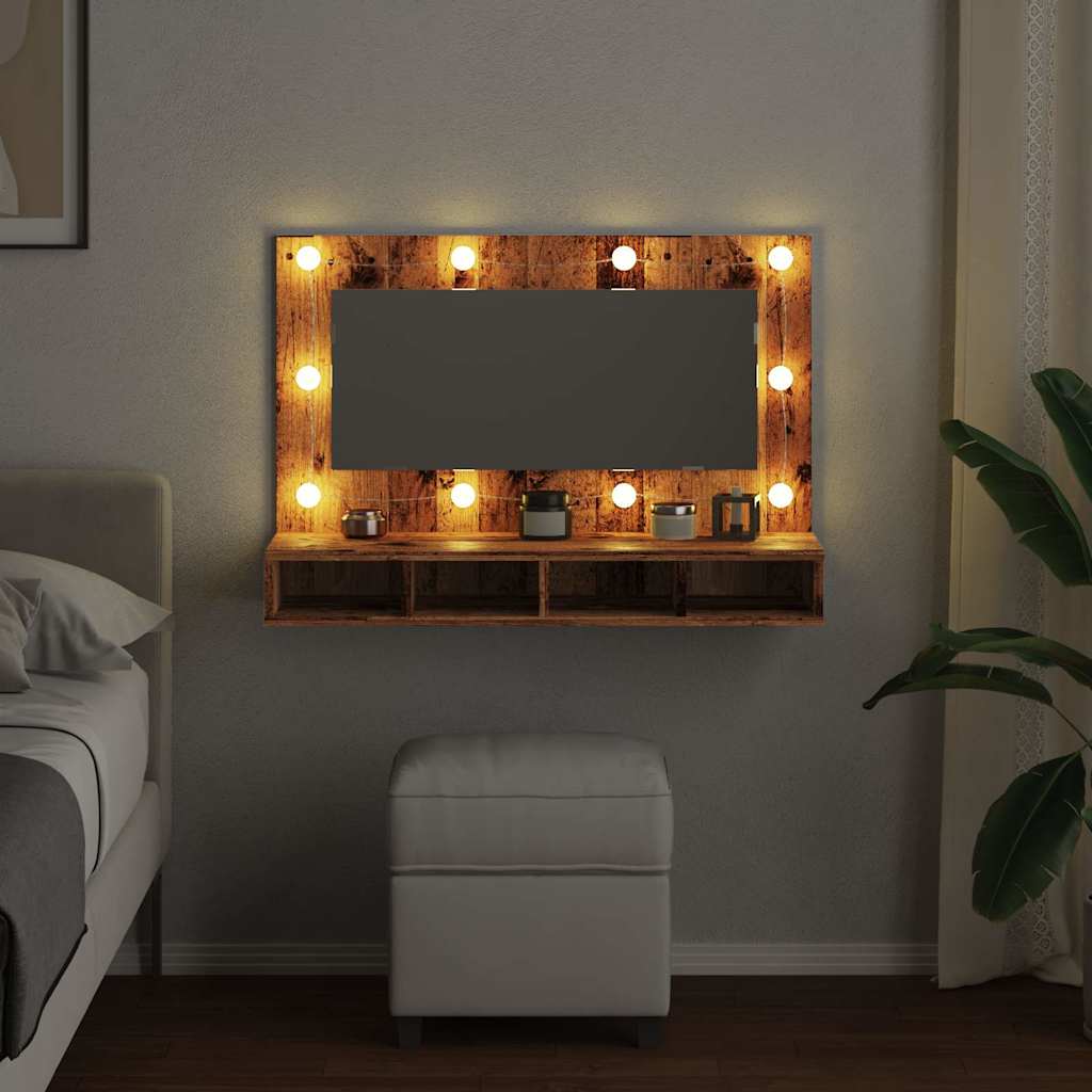 antik fa tükrös szekrény LED-ekkel 90x31,5x62 cm