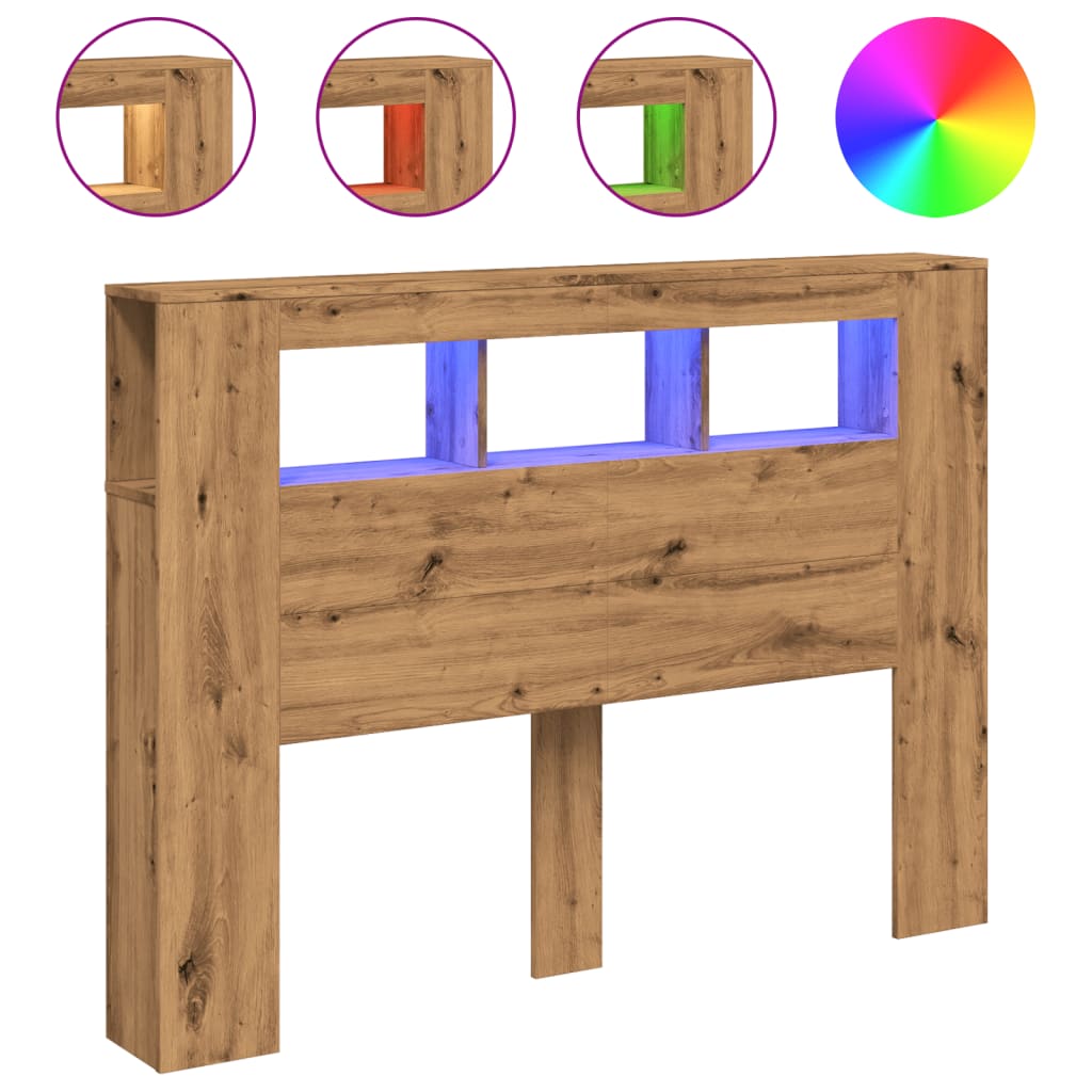 kézműves tölgyszínű szerelt fa LED-es fejtámla 140x18,5x103,5cm