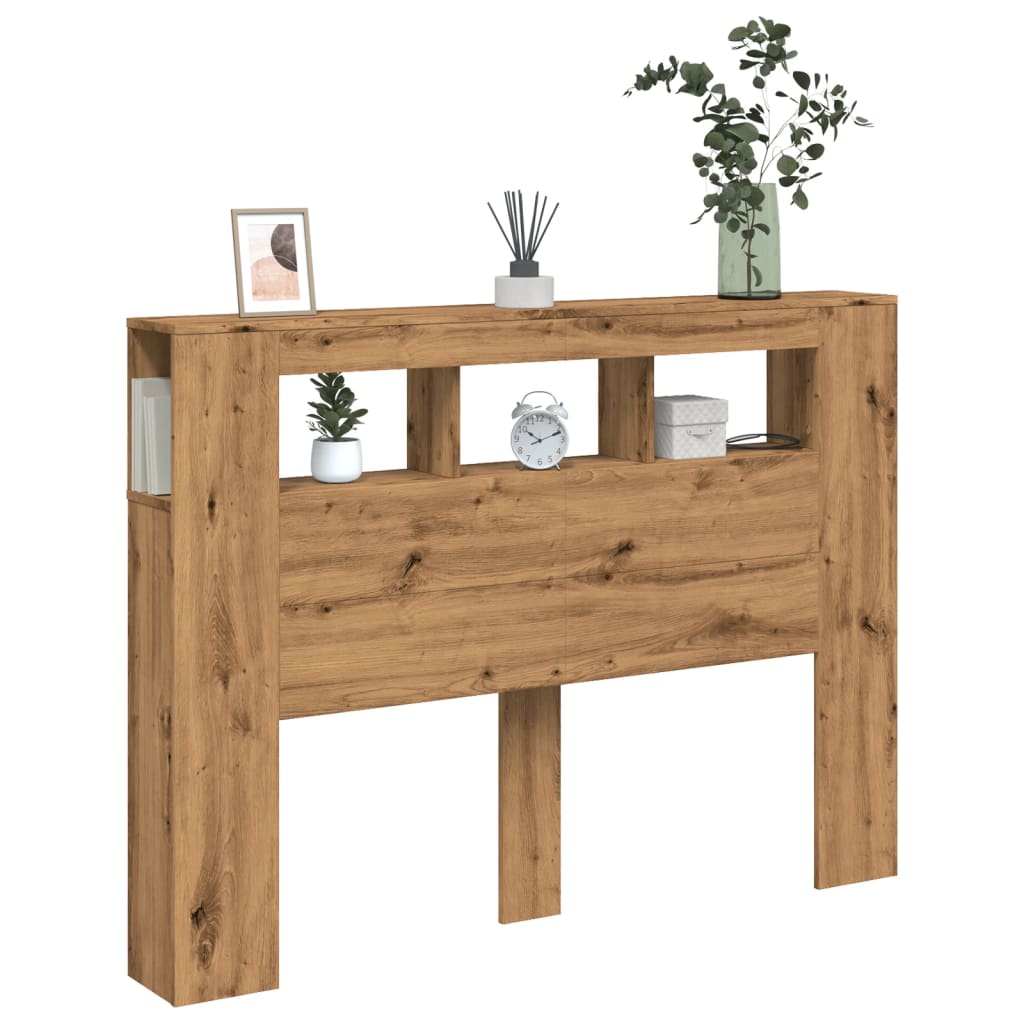 kézműves tölgyszínű szerelt fa LED-es fejtámla 140x18,5x103,5cm