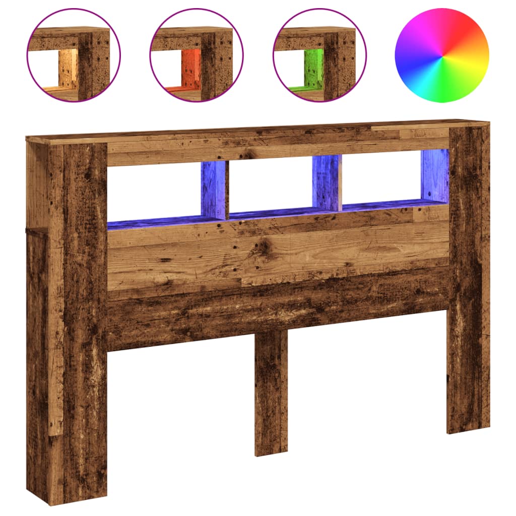 antik fa színű szerelt fa LED-es fejtámla 160x18,5x103,5 cm