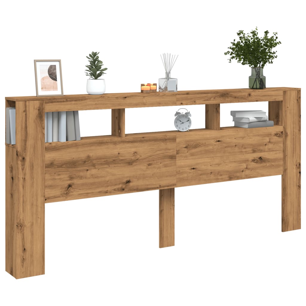 kézműves tölgyszínű szerelt fa LED-es fejtámla 220x18,5x103,5cm