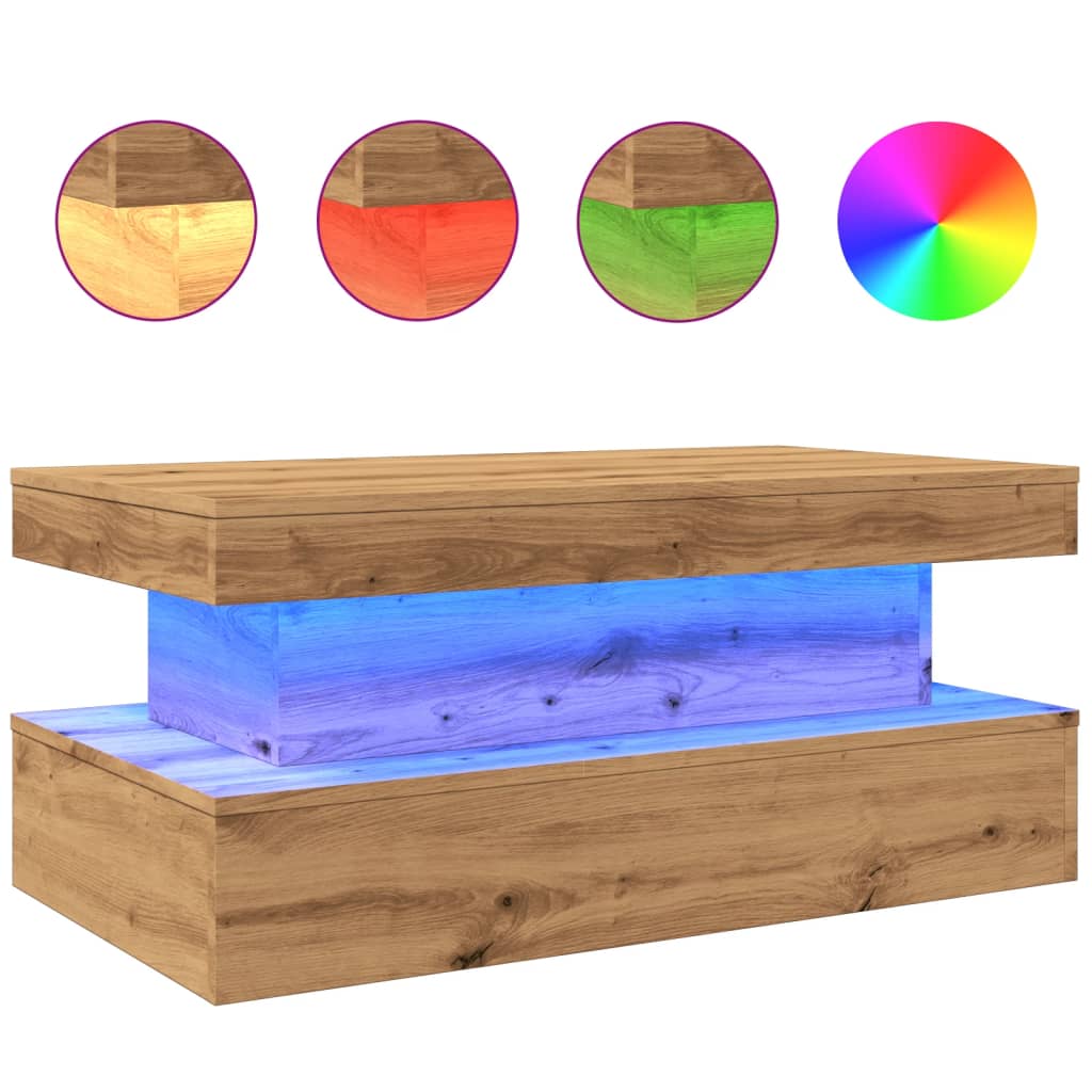 kézműves tölgy színű dohányzóasztal LED-lámpákkal 90x50x40 cm