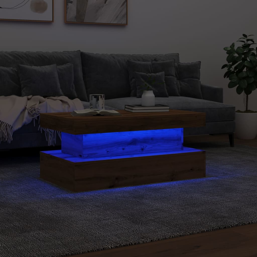 kézműves tölgy színű dohányzóasztal LED-lámpákkal 90x50x40 cm