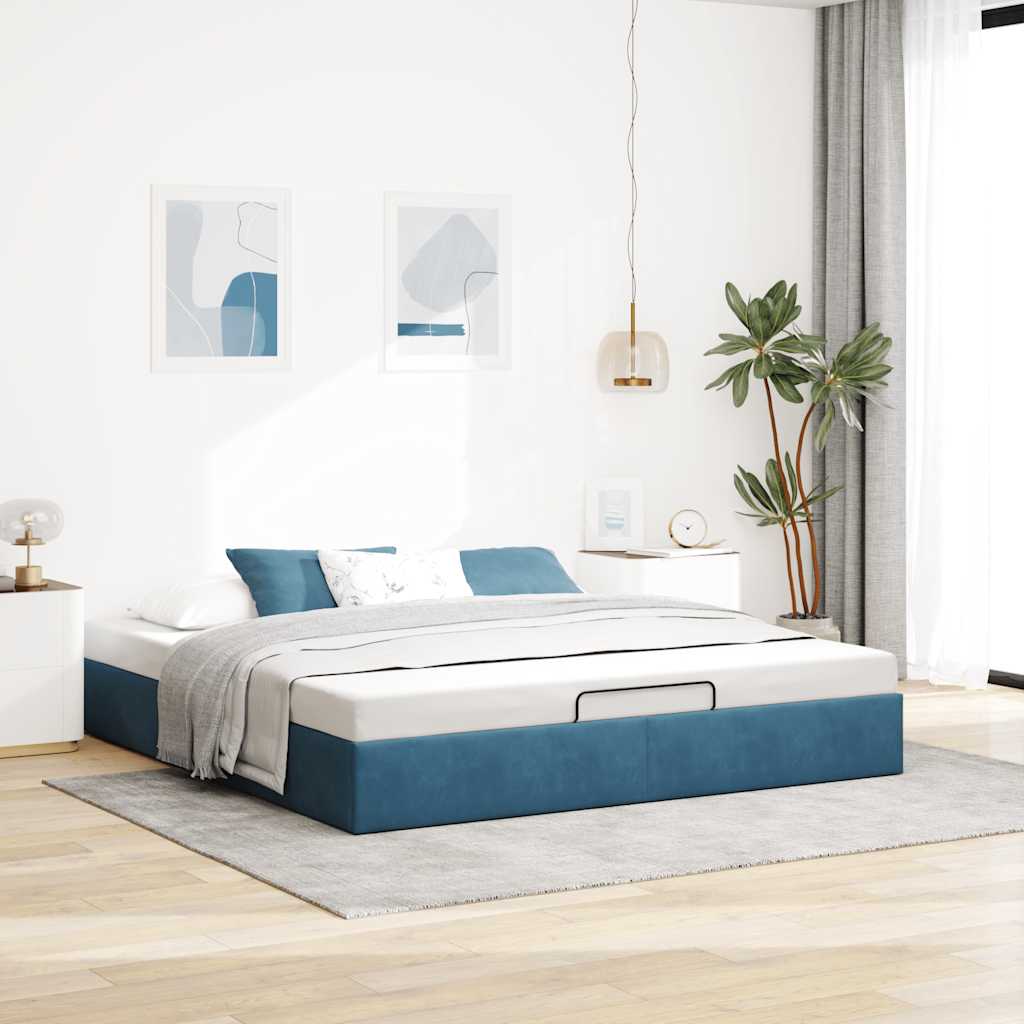 Ottomán ágykeret matrac nélkül sötétkék 200x200 cm bársony
