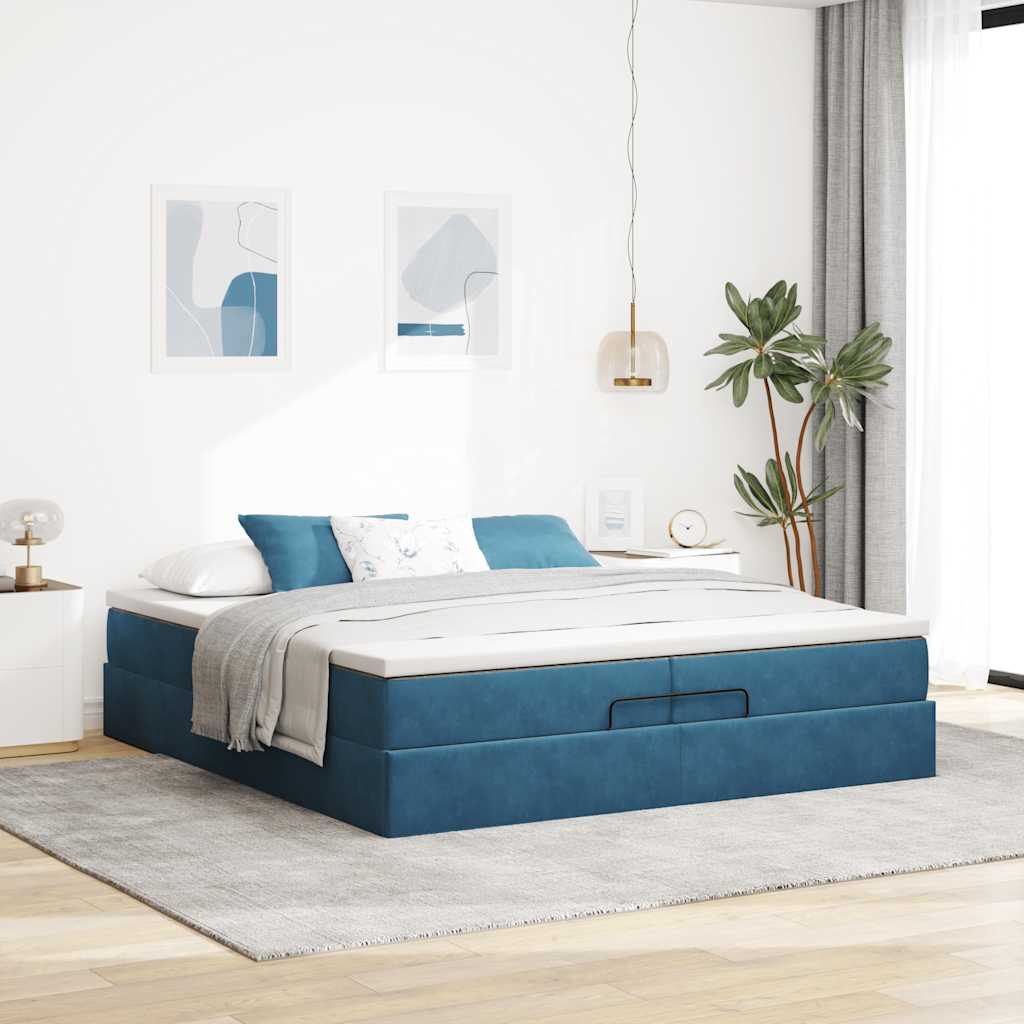 Ottomán ágykeret matracokkal Sötétkék 200x200cm bársony