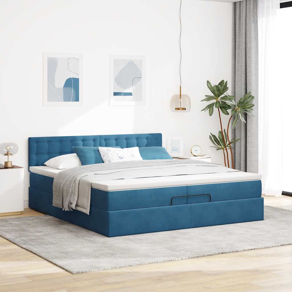 Ottomán ágykeret matraccal sötétkék 200x200 cm bársony