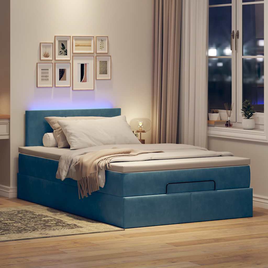 sötétkék bársony ottomán ágy matraccal & LED-ek 120x190cm