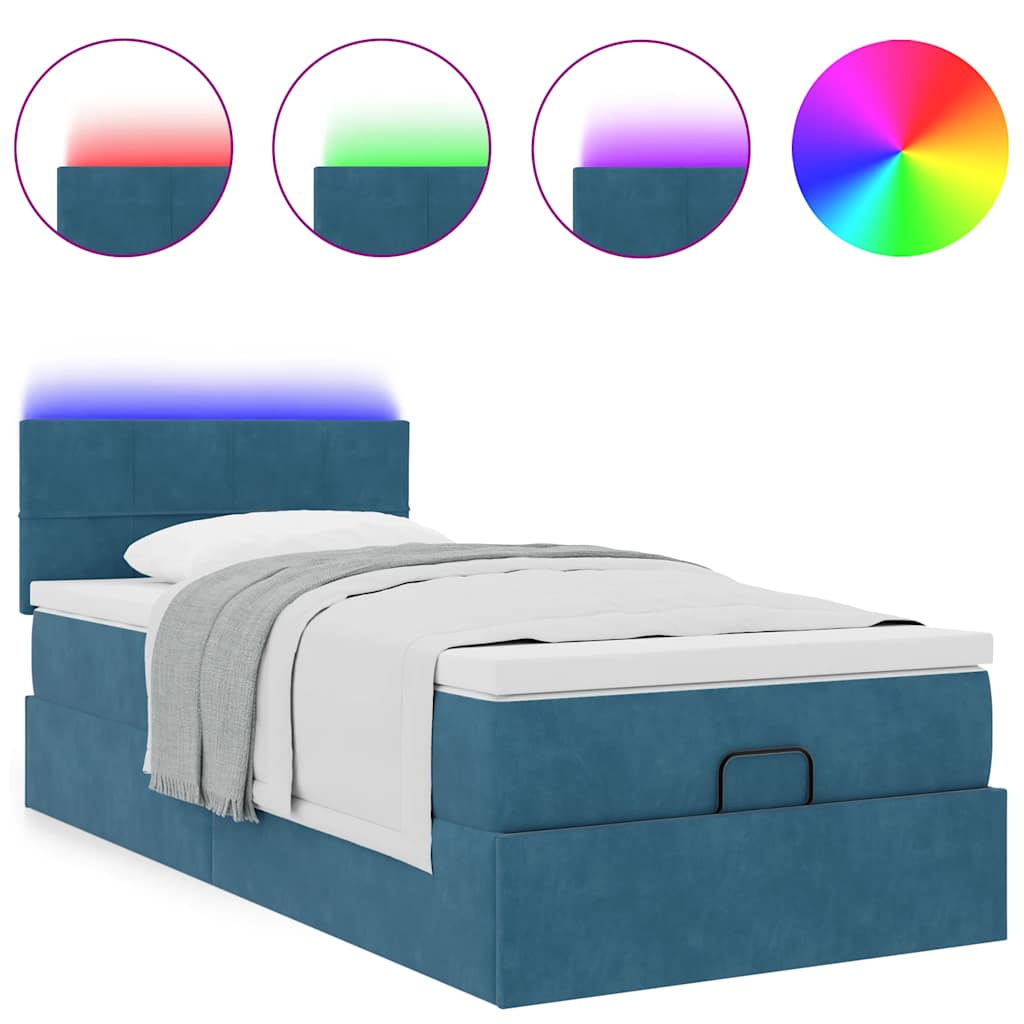 sötétkék bársony ottomán ágy matraccal & LED-ek 80 x 200 cm