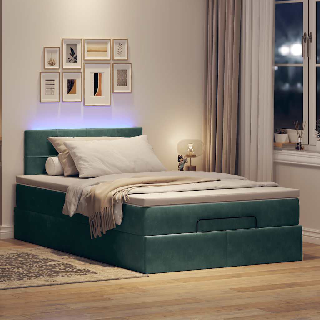 sötétzöld bársony ottomán ágy matraccal & LED-ek 120x190cm