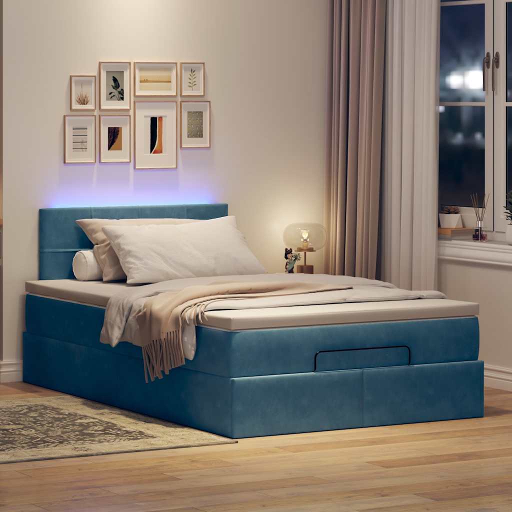 sötétkék bársony ottomán ágy matraccal & LED-ek 120x190cm