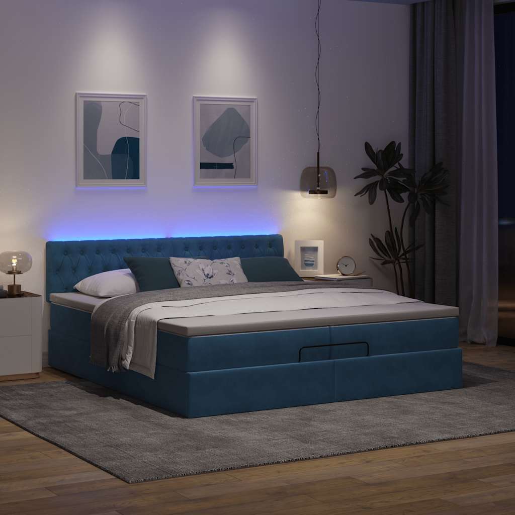 Ottomán ágy matracokkal & LED-ek Sötétkék 200x200cm bársony