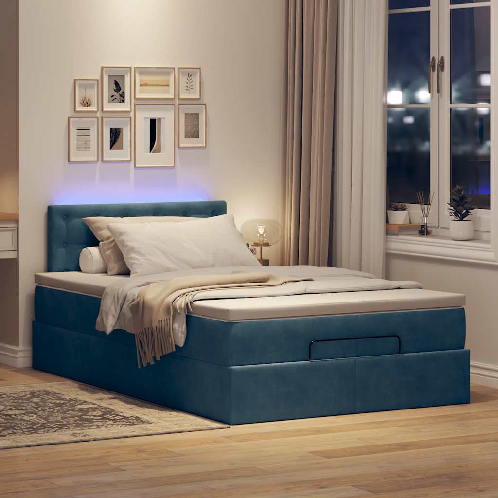 sötétkék bársony ottomán ágy matraccal & LED-ek 120x190cm