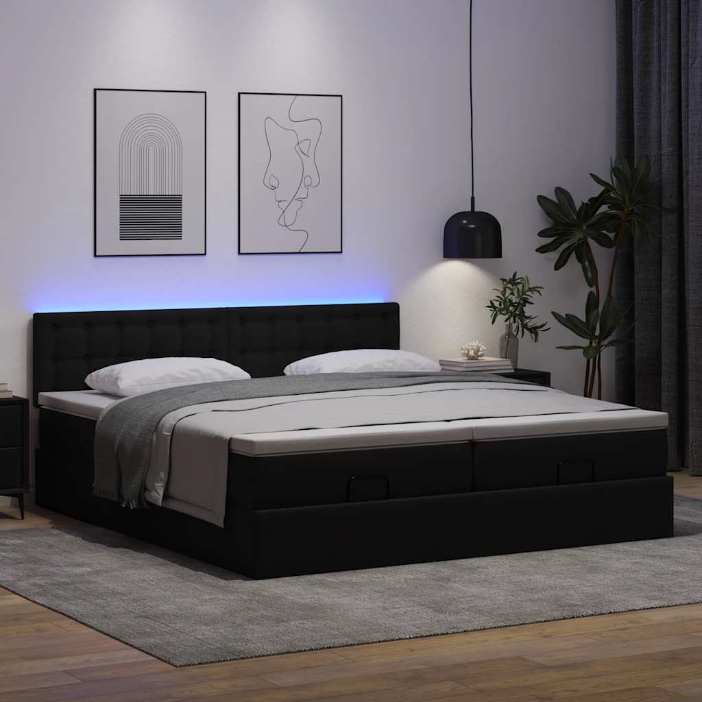 fekete műbőr ottomán ágy matracokkal & LED-ek 160x200cm