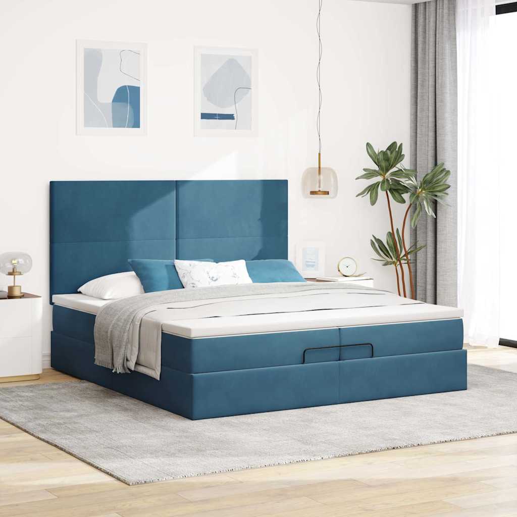 Ottomán ágykeret matracokkal Sötétkék 200x200cm bársony