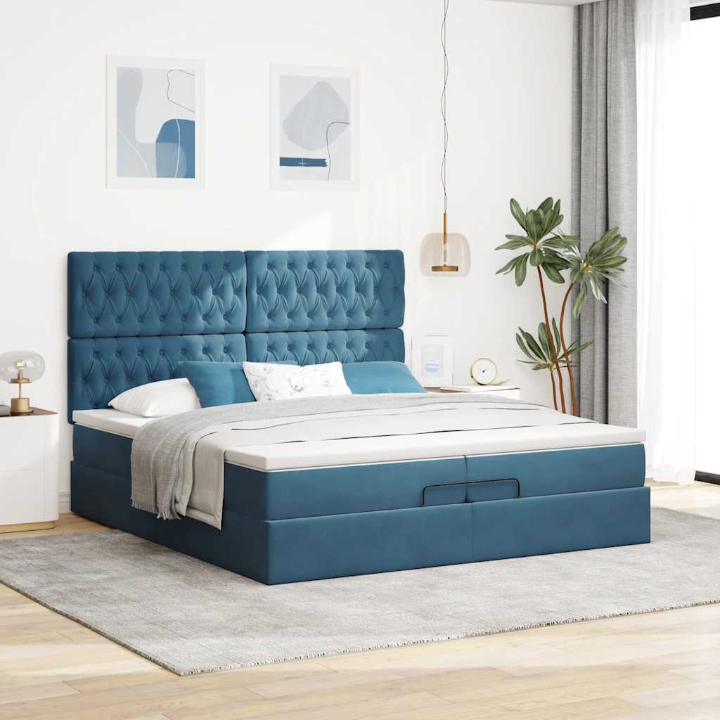 Ottomán ágykeret matracokkal Sötétkék 200x200cm bársony