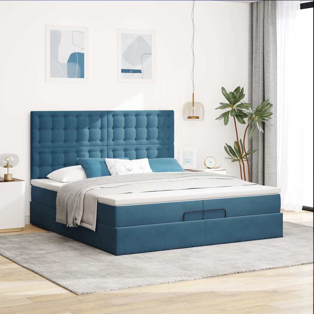 Ottomán ágykeret matracokkal Sötétkék 200x200cm bársony