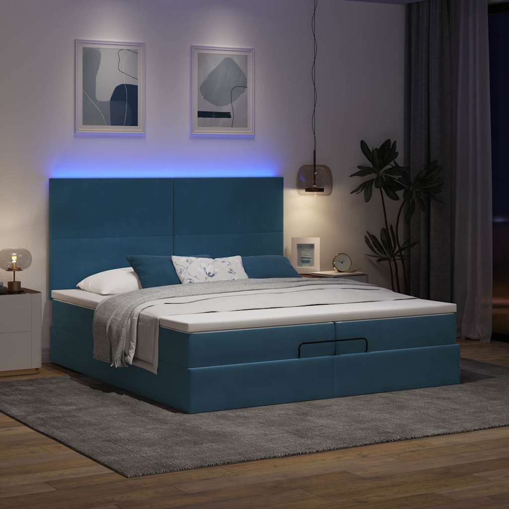 Ottomán ágy matracokkal & LED-ek Sötétkék 200x200cm bársony