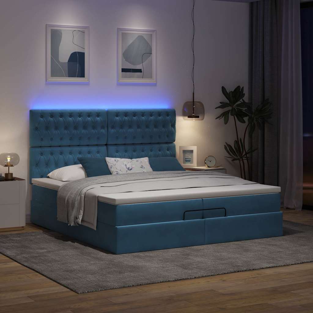 Ottomán ágy matracokkal & LED-ek Sötétkék 200x200cm bársony