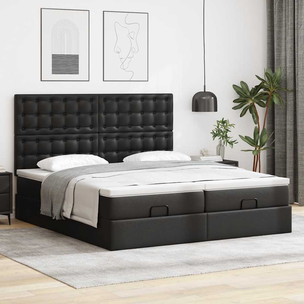 fekete műbőr ottomán ágy matracokkal & LED-ek 160x200cm