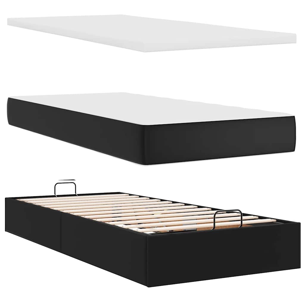 fekete műbőr ottomán ágy matracokkal & LED-ek 160x200cm
