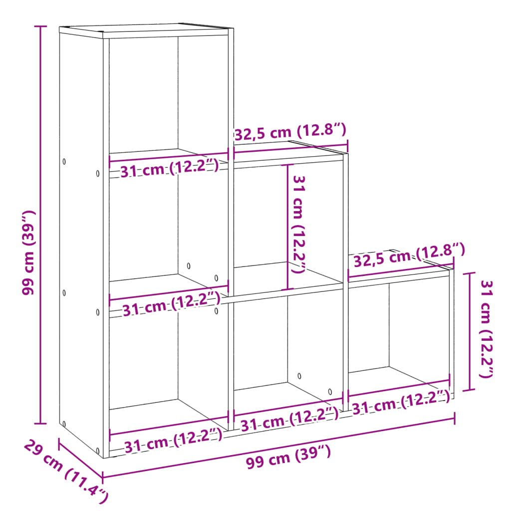  3 szintes sonoma tölgy fa térelválasztó könyvespolc 99x29x99 cm
