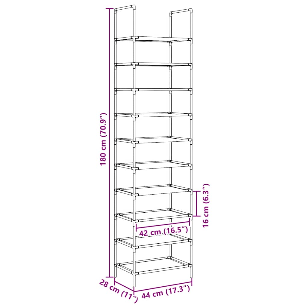 fekete nem szőtt szövetből cipőállvány 10 szintes 44x28x180 cm
